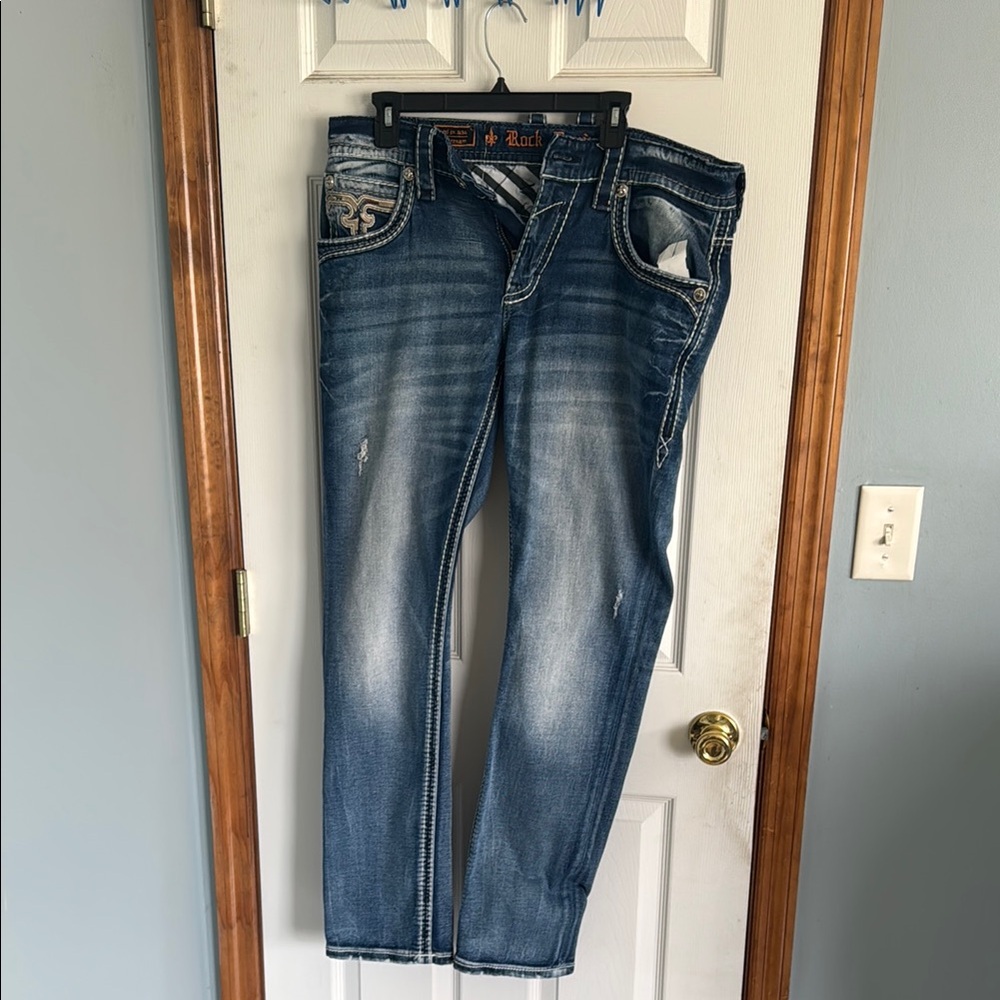 Rock Revival Relaxed Blue Jeans with Distressed Wash